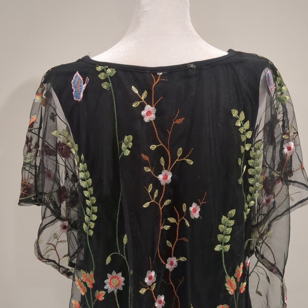 Women's Black Embroidered Sheer Mesh Top Floral Overlay Dark Fairy Boho Flowy - Picture 6 of 12